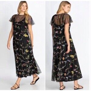 JOHNNY WAS Marguerite Embroidered Floral Boho Sheer Mesh Maxi Dress Med NO SLIP